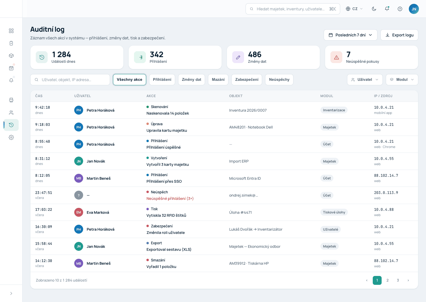 Auditní log – webový portál Inventra