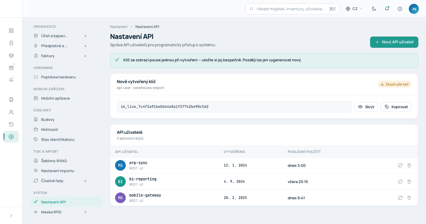 API – webový portál Inventra