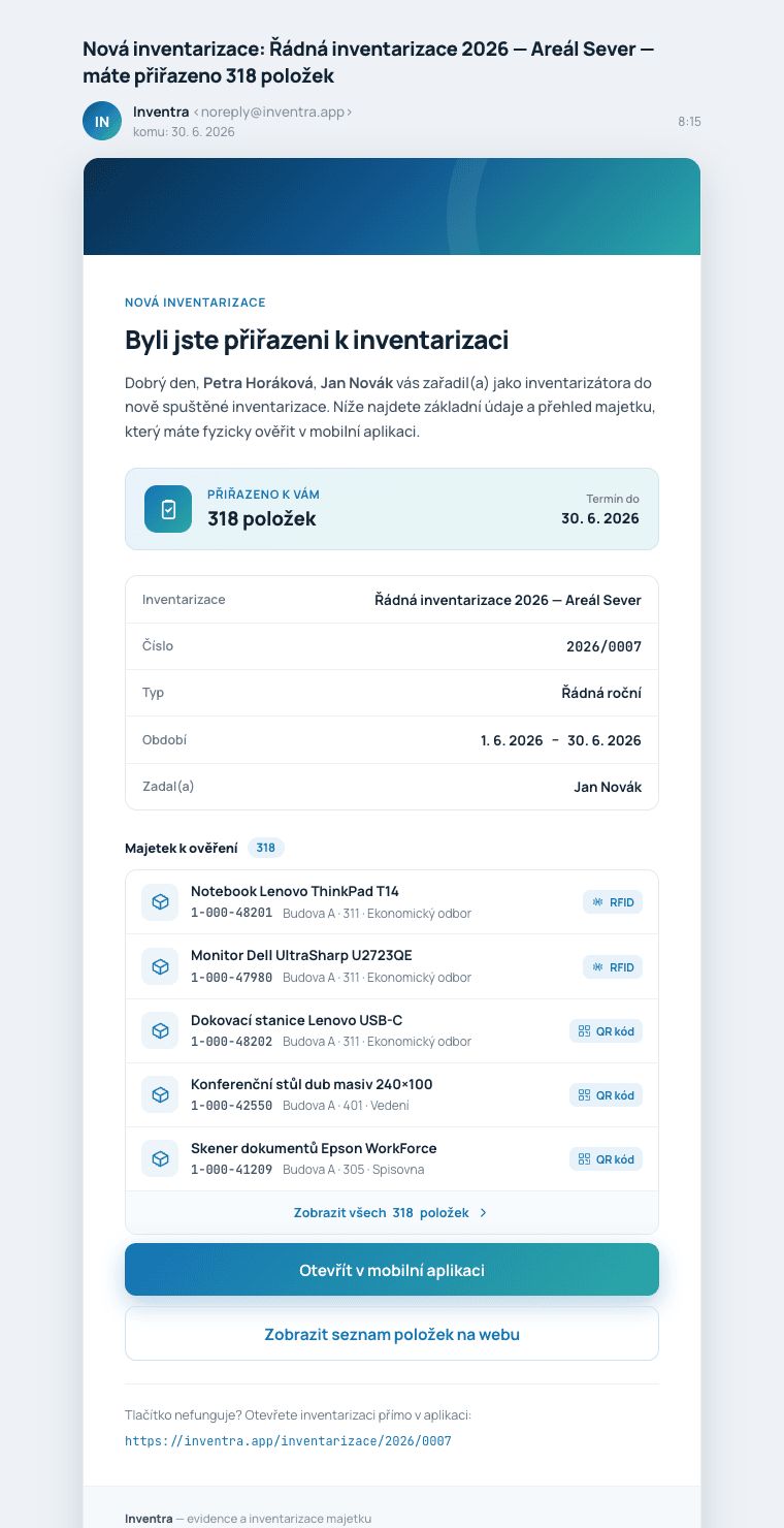 E-mailové notifikace – webový portál Inventra