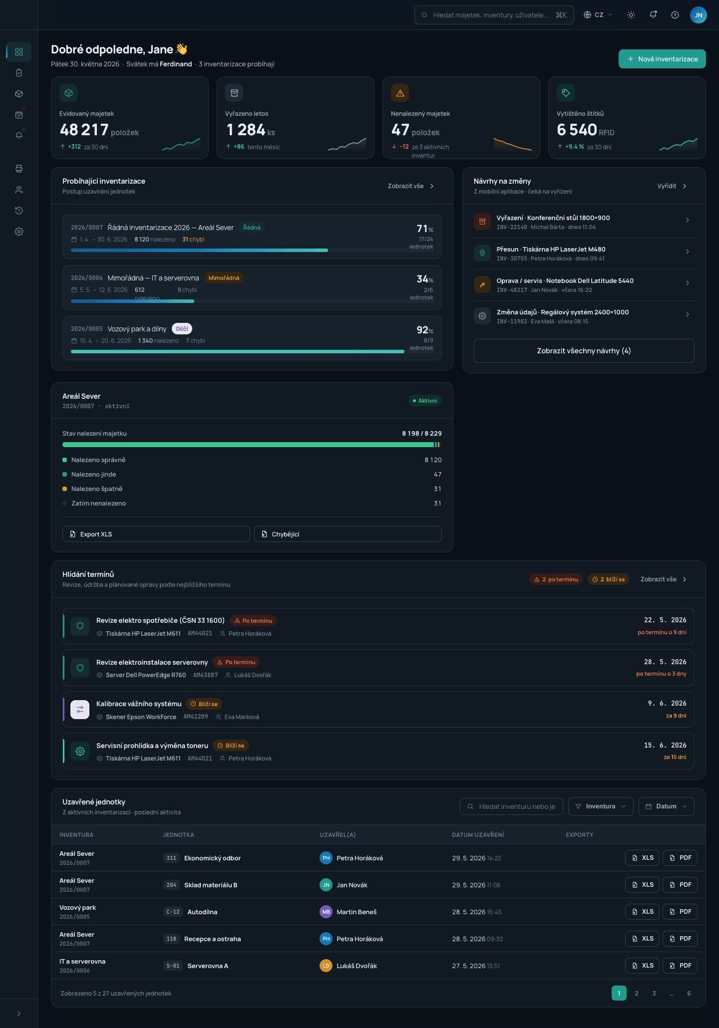 Nástěnka webového portálu Inventra – tmavý režim